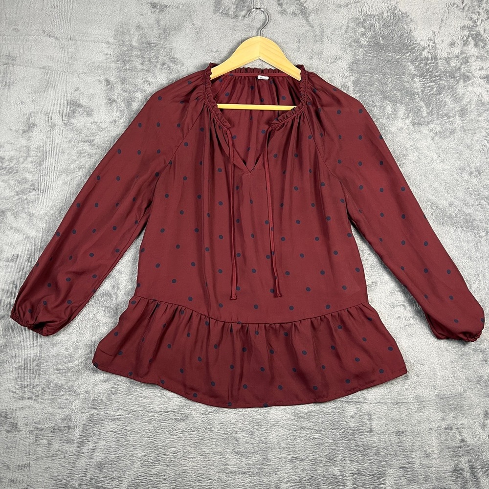 Old Navy Blouse Womens Medium Burgundy Polka Dot Pleated Tie Neck Raglan Sleeve